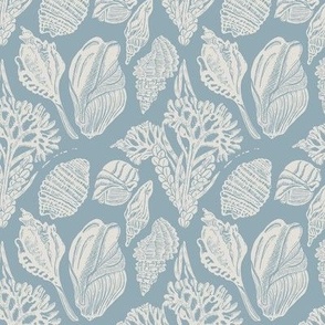 Coastal coral and sea shells vintage block print  in periwinkle blue and cream