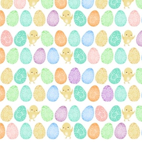 Swirly Pastel Easter Eggs and Yellow Baby Chicks - XL