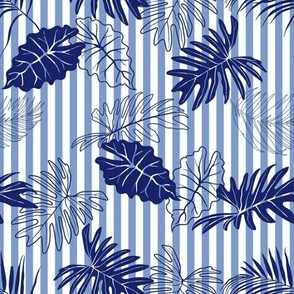 Tropical Foliage on Vertical Pinstripes in Cobalt and Wedgewood Blue - Coordinate