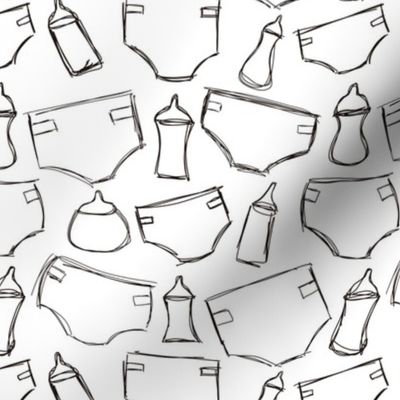Bottles and Diapers - Hand drawn Black and White