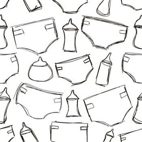 Bottles and Diapers - Hand drawn Black and White