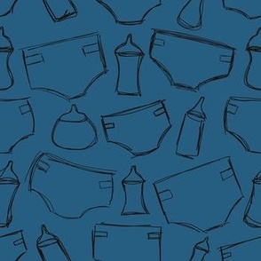 Diapers and Bottles - hand drawn Black and Blue
