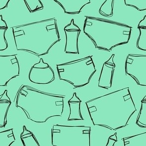 Diapers and Bottles - hand drawn green and black