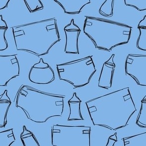 Diapers and Bottles - hand drawn blue and black 