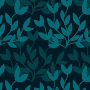 Teal & Deep Jungle Green Seaweed on Dark Blue Duvet - Medium Scale