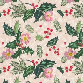 Holly, Pine and Rose on beige with white hashmarks -Small
