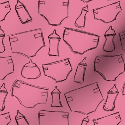 Diapers and Bottles - hand drawn pink and black