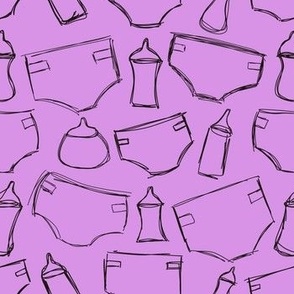 Diapers and Bottles - hand drawn purple and black