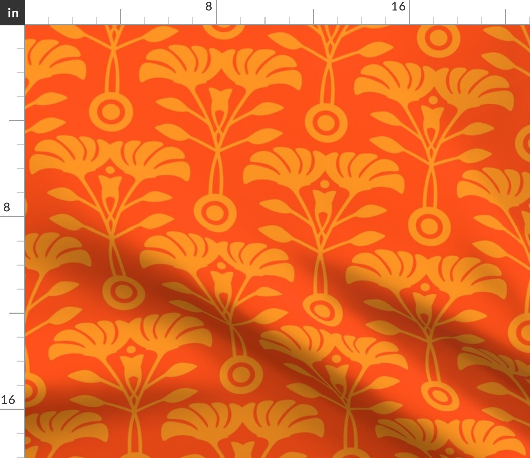 Art Nouveau Retro Vintage Floral Cottage Botanical in Orange on Coral - LARGE Scale - UnBlink Studio by Jackie Tahara