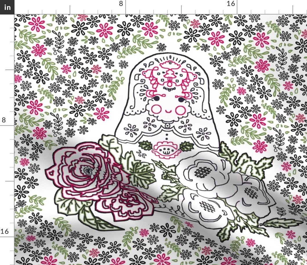 Babushka doll with roses embroidery template