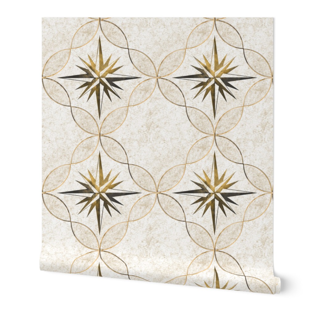 Marble tiles with a nautical star and a gold rim- medium size 