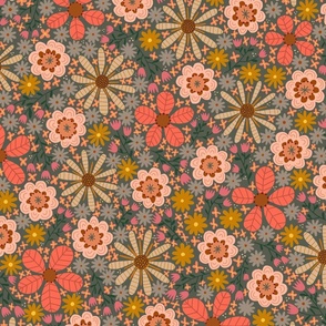 Joyful Meadow Floral - Coral, Pink, Taupe - Large Scale