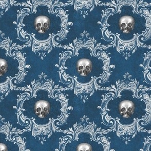 Gothic Skull Victorian Damask in Dark Blue