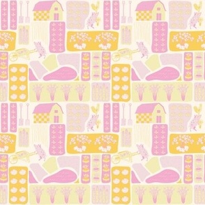 Small Aerial Birds Eye View of Farm in Butter Yellow and Piglet Pink with a Seashell White Background