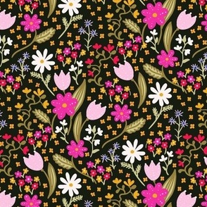 Bright and bold florals on black background Small scale