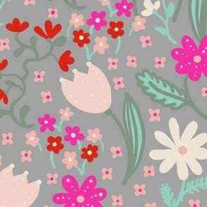 Bright and bold florals on grey background Large scale