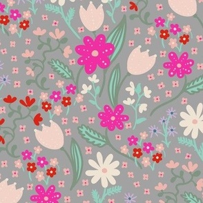 Bright and bold florals on grey background Medium scale
