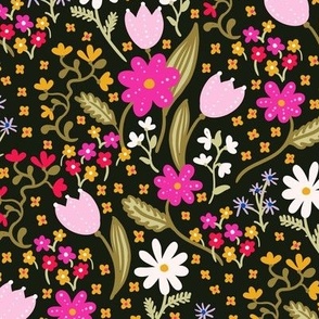Bright and bold florals on black background Medium scale