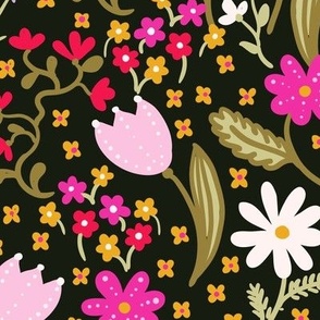 Bright and bold florals on black background Large scale