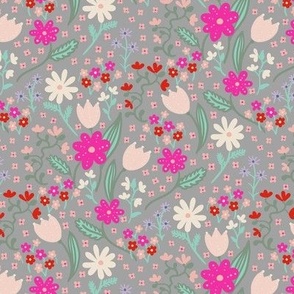 Bright and bold florals on grey background Small scale