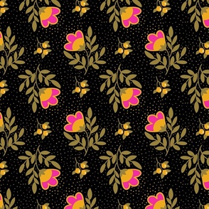 Funny bright and bold florals with black background Medium scale