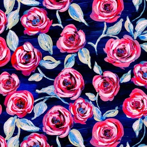 Hot pink neon roses on dark electric blue and black Large scale