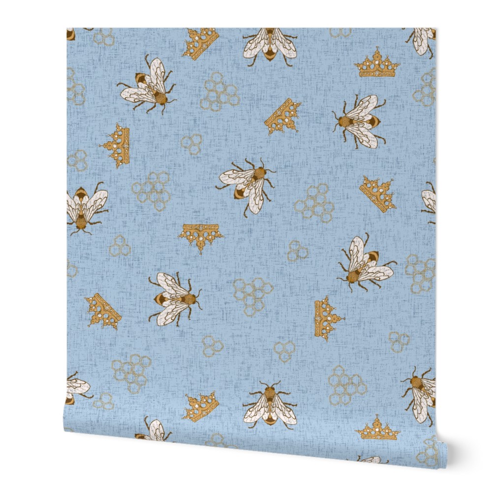 Bees with crowns and hexagons onsky blue linen NON DIRECTIONAL Large scale