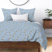 Bees with crowns and hexagons onsky blue linen NON DIRECTIONAL Large scale