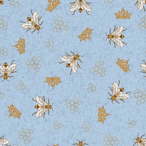 Bees with crowns and hexagons onsky blue linen NON DIRECTIONAL Large scale