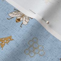 Bees with crowns and hexagons onsky blue linen NON DIRECTIONAL Medium scale