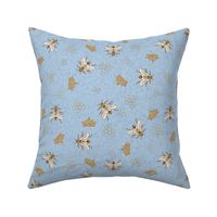 Bees with crowns and hexagons onsky blue linen NON DIRECTIONAL Medium scale