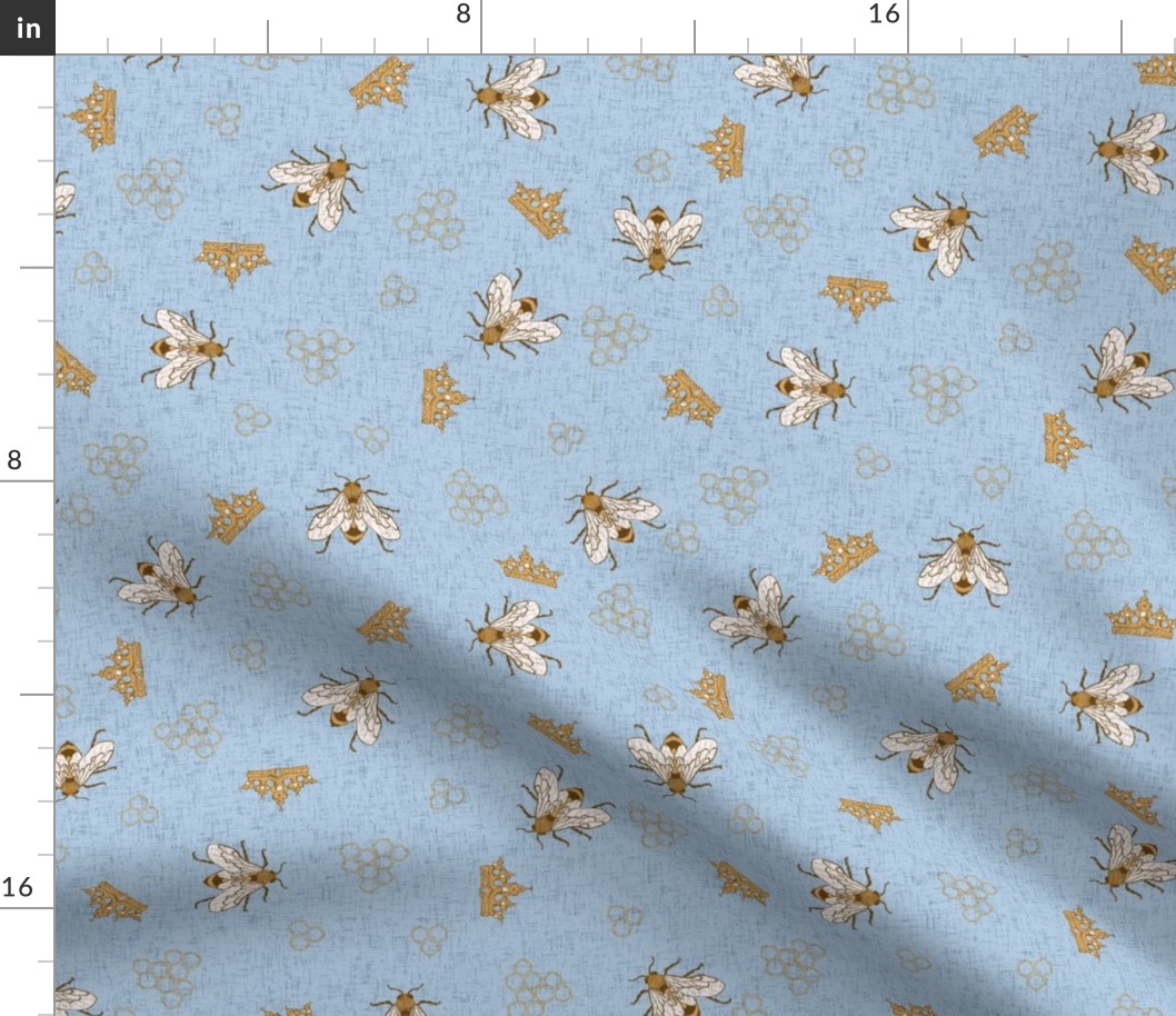 Bees with crowns and hexagons onsky blue linen NON DIRECTIONAL Medium scale