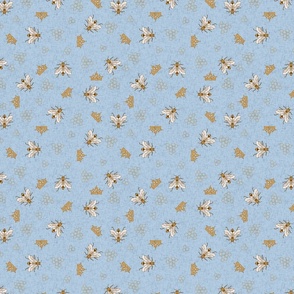 Bees with crowns and hexagons onsky blue linen NON DIRECTIONAL Small scale