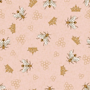 Bees with crowns and hexagons on blush pink linen NON DIRECTIONAL Large scale