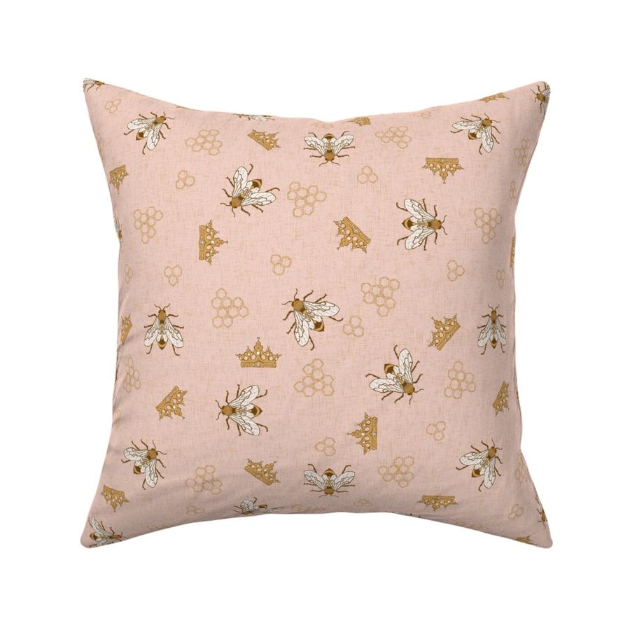 Bees with crowns and hexagons on blush pink linen NON DIRECTIONAL Medium scale