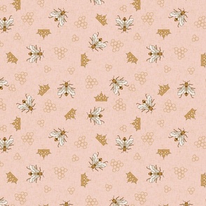 Bees with crowns and hexagons on blush pink linen NON DIRECTIONAL Medium scale