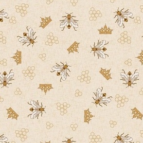 Bees with crowns and hexagons on warm beige linen NON DIRECTIONAL  Small scale