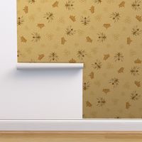 Bees with crowns and hexagons on warm beige linen NON DIRECTIONAL  Large scale
