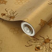 Bees with crowns and hexagons on warm beige linen NON DIRECTIONAL  Large scale