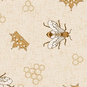 Bees with crowns and hexagons on warm beige linen NON DIRECTIONAL  Large scale