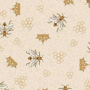 Bees with crowns and hexagons on warm beige linen NON DIRECTIONAL  Medium scale