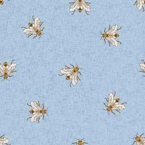 Only Bees on sky blue linen texture NON DIRECTIONAL Large scale