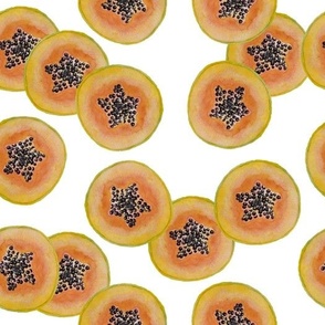Papaya Slices in Watercolor on White Background