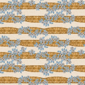 Golden horizontal metal stripes with blush pink and sky blue florals Medium scale