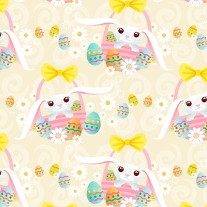 Easter Bunny Baskets with Eggs and Daisies on Yellow - XL