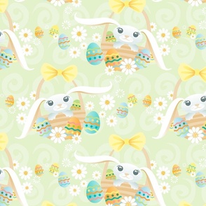 Easter Bunny Baskets with Eggs and Daisies on Green - XL