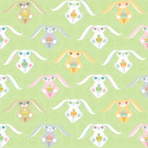 Easter Bunnies Holding Colorful Eggs on Spring Green - Large