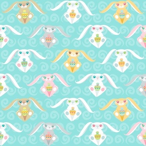 Easter Bunnies Holding Colorful Eggs on Teal - Large