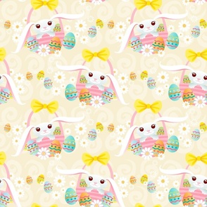 Easter Bunny Baskets with Eggs and Daisies on Yellow - Large