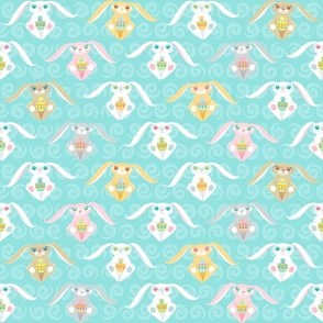 Easter Bunnies Holding Colorful Eggs on Teal